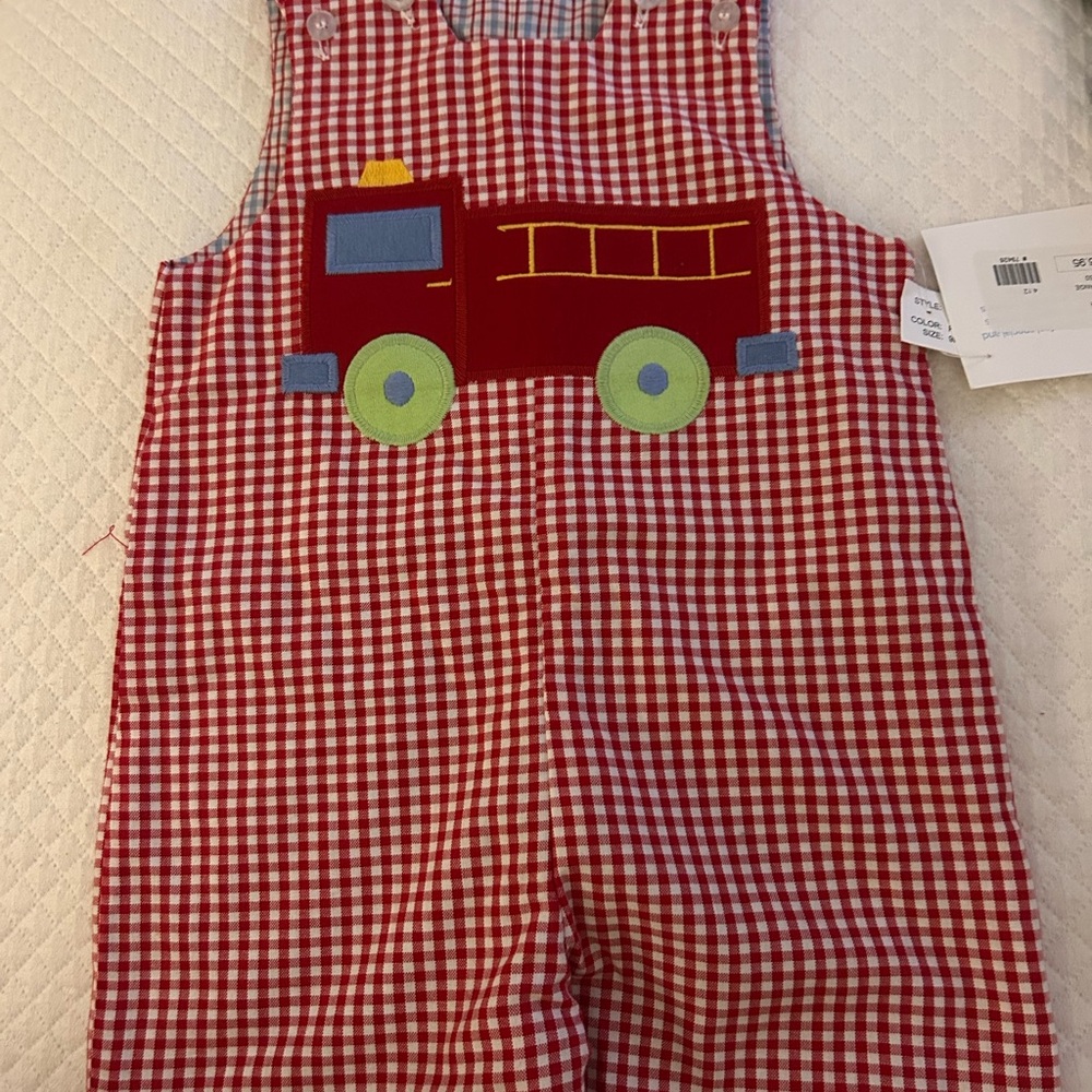 Bailey Boys reversible Red Checkered Kids Overalls with Firetruck and baseball